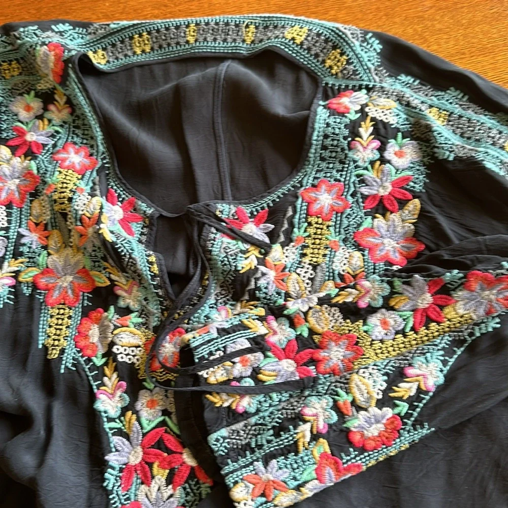Johnny Was Black Embroidered Floral Dress with Red, Turquoise, Yellow Accents - Picture 4 of 5